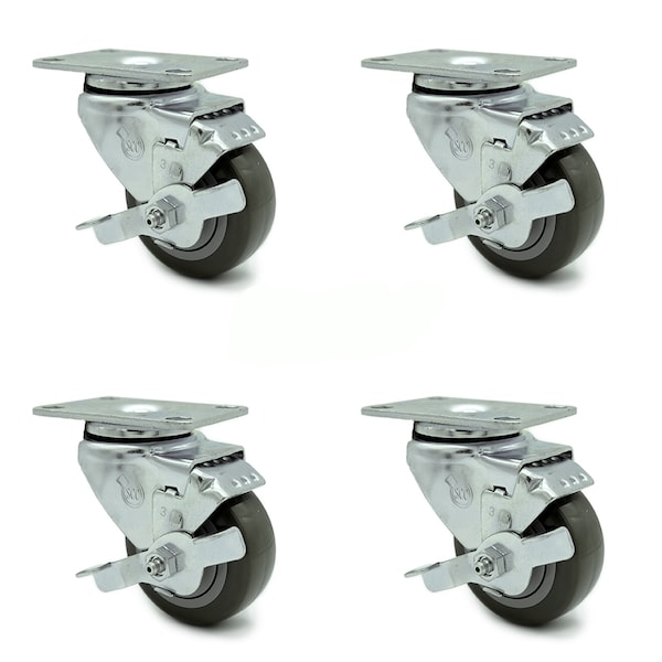 3 Inch Gray Polyurethane Wheel Swivel Top Plate Caster Set with Brake SCC